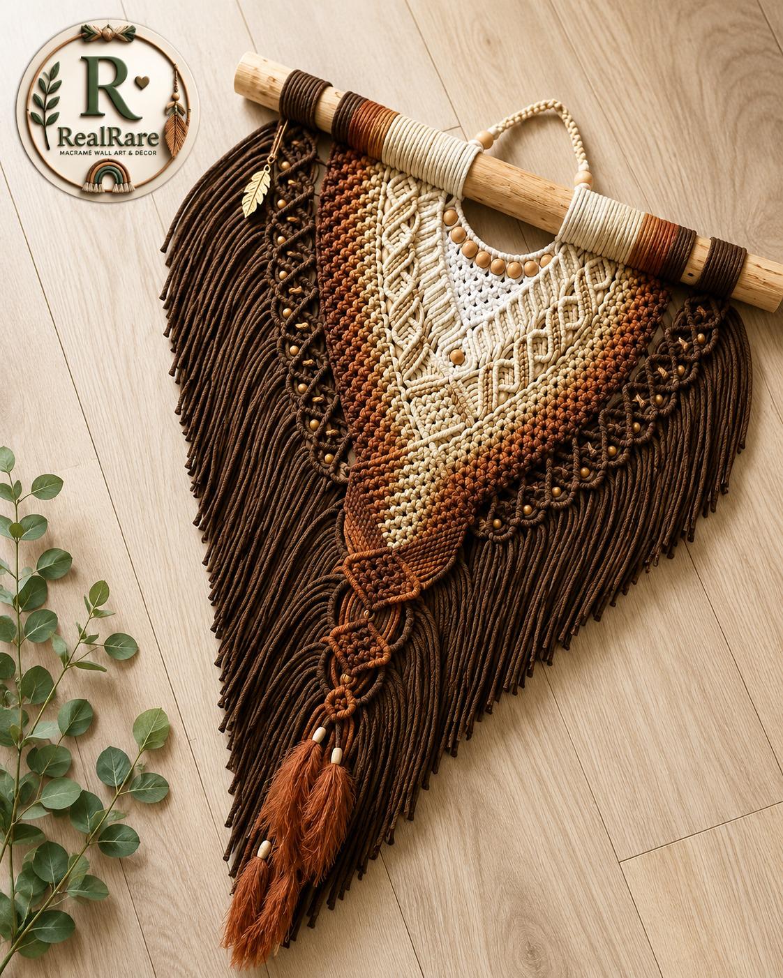 RealRare Handmade Boho Macramé Wall Hanging – Rustic Tribal Woven Tapestry with Tassels & Feather Accents
