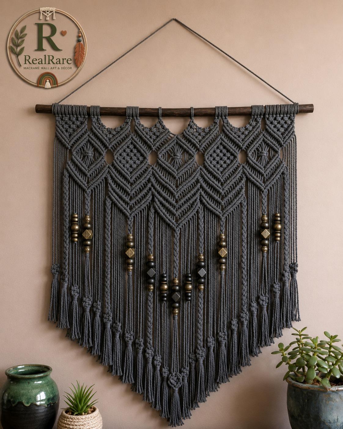 RealRare Handmade Grey Macramé Wall Hanging – Modern Boho Geometric Woven Wall Art with Wooden Beads