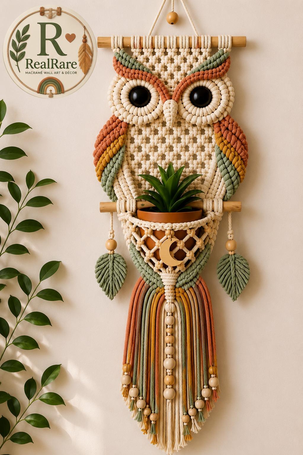 RealRare Handmade Owl Macramé Wall Hanging Planter – Boho Woven Owl Wall Art with Plant Holder