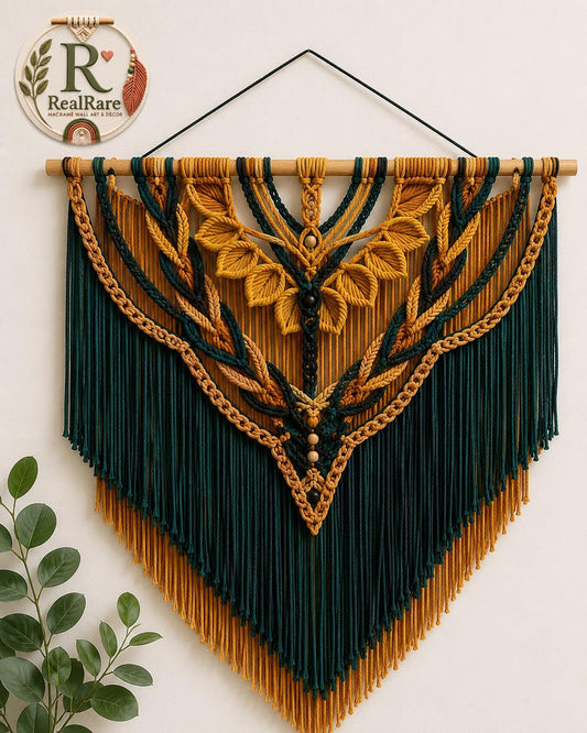 RealRare Handmade Macramé Tree of Life Wall Hanging – Boho Woven Wall Art in Emerald Green & Mustard Gold