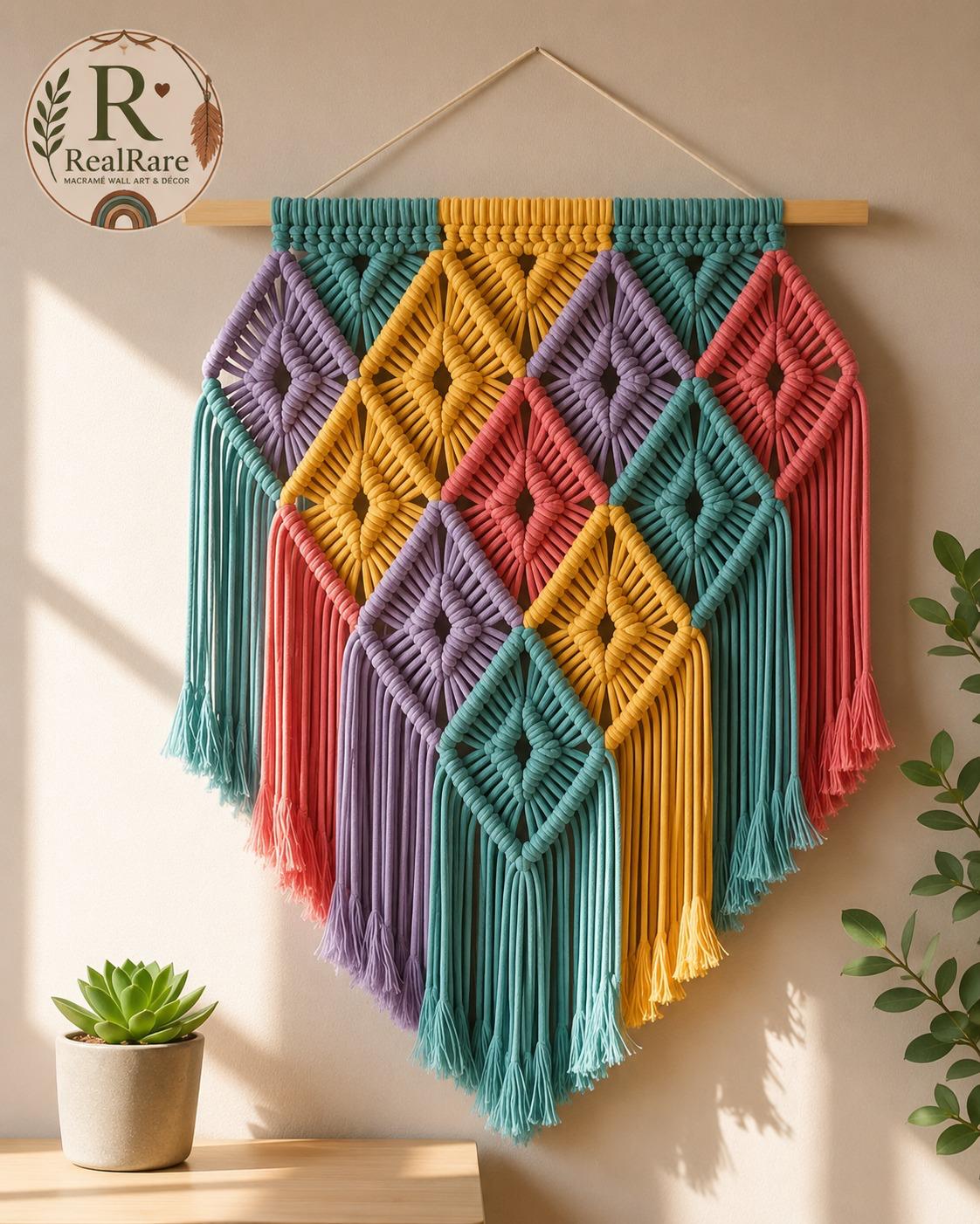 RealRare Handmade Colourful Macramé Wall Hanging – Modern Boho Diamond Pattern Woven Wall Art