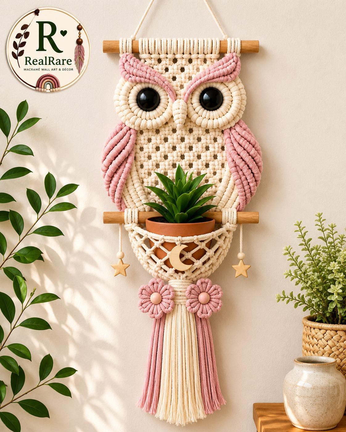 RealRare Handmade Pink Owl Macramé Wall Hanging Planter – Cute Boho Owl Wall Art with Plant Holder