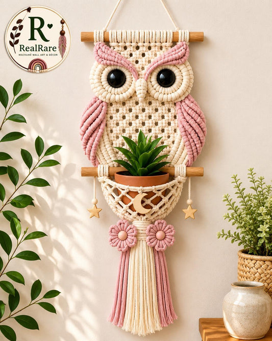 RealRare Handmade Pink Owl Macramé Wall Hanging Planter – Cute Boho Owl Wall Art with Plant Holder