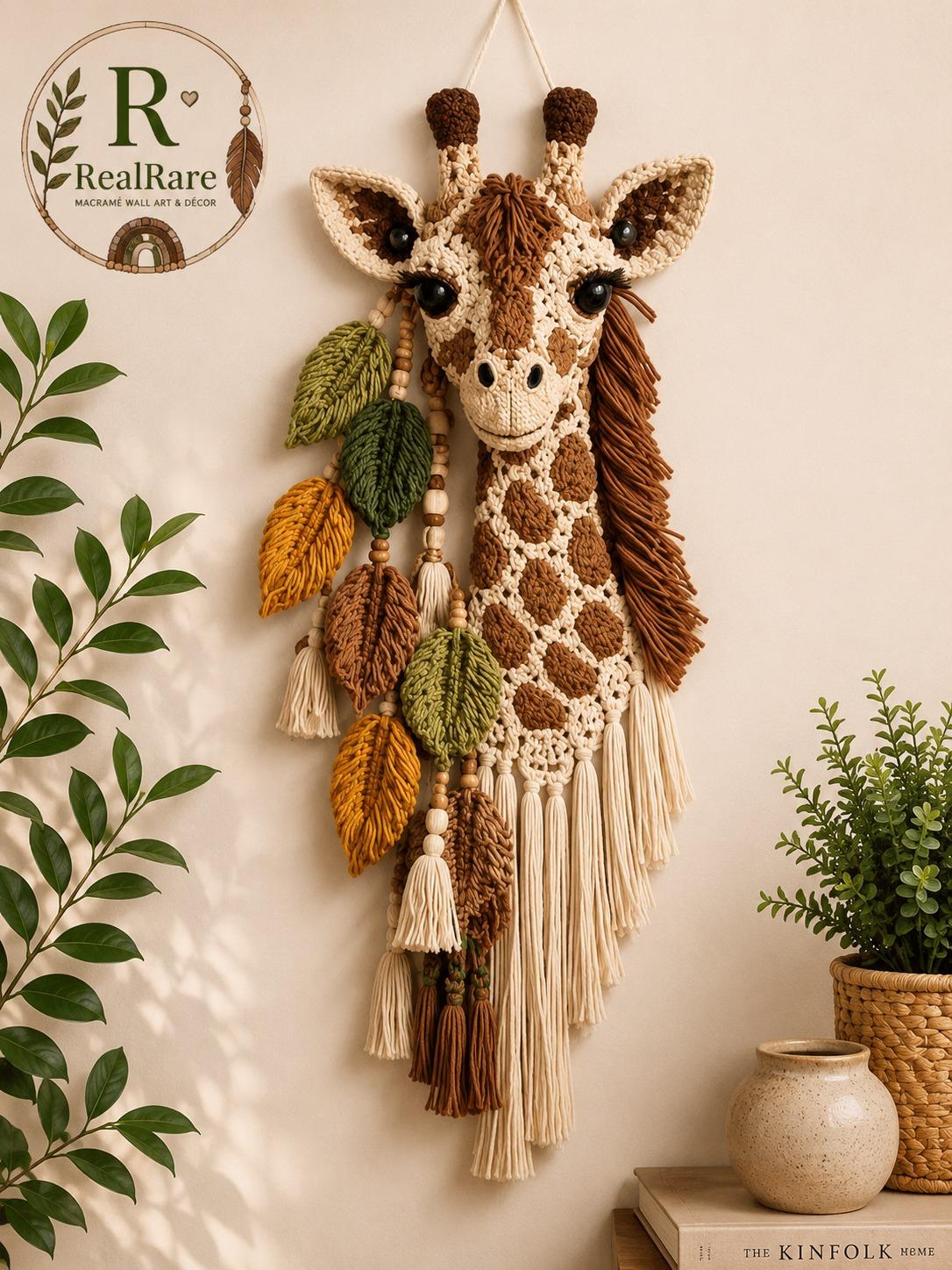 RealRare Handmade Giraffe Macramé Wall Hanging – Safari Animal Boho Wall Art for Nursery & Home Décor